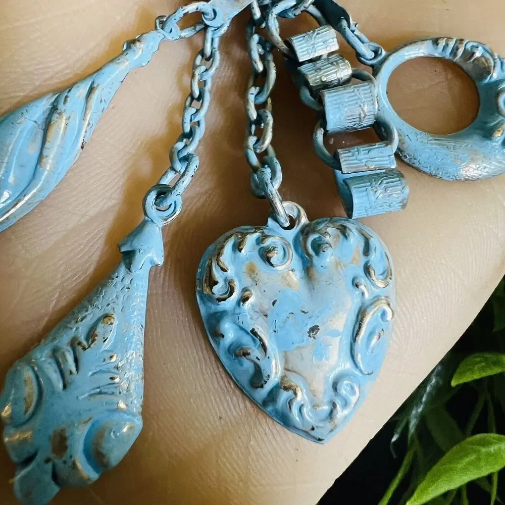 Vintage Enamel Steampunk Whimsical Fan Heart Dangle Chain Brooch Unique 4264